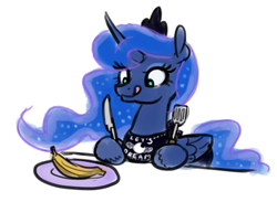 Size: 800x584 | Tagged: safe, artist:king-kakapo, princess luna, alicorn, pony, g4, banana, bib, butter knife, female, food, herbivore, hoof hold, knife, licking, licking lips, mare, plate, simple background, solo, spatula, tongue out, unshorn fetlocks, white background