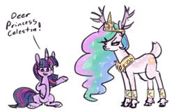 Size: 1240x800 | Tagged: safe, artist:king-kakapo, princess celestia, twilight sparkle, deer, pony, unicorn, antlers, celestia is not amused, cloven hooves, dear princess celestia, deerified, deerlestia, dialogue, duo, female, frown, looking at you, mare, narrowed eyes, pun, simple background, sitting, species swap, talking to viewer, unamused, unicorn twilight, visual pun, white background