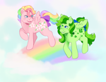 Size: 2976x2278 | Tagged: safe, artist:beetlepaws, oc, oc only, oc:cloverjoy, pegasus, pony, g1, blue eyes, bow, cloud, duo, female, green, green hair, high res, mare, multicolored hair, multicolored tail, pegasus oc, pink, rainbow, rainbow hair, scenery, shading, smiling, tail, tail bow, twice as fancy ponies, two toned mane, two toned tail
