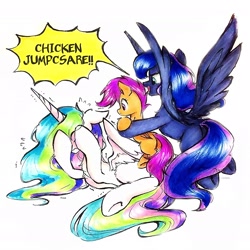 Size: 2153x2154 | Tagged: safe, artist:liaaqila, princess celestia, princess luna, scootaloo, alicorn, pegasus, pony, g4, alektorophobia, blank flank, butt, chicken jumpscare, commission, covering eyes, cute, cutealoo, eyes closed, female, filly, flying, foal, folded wings, high res, holding a pony, horn, jumpscare, mare, missing cutie mark, misspelling, open mouth, plot, royal sisters, scared, scootachicken, siblings, signature, simple background, sisters, speech bubble, spread wings, that princess sure is afraid of chickens, this will end in tears and/or a journey to the moon, traditional art, trio, underhoof, white background, wings