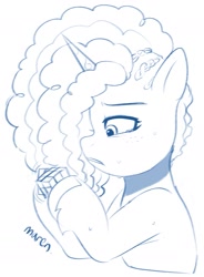 Size: 1467x1994 | Tagged: safe, artist:maren, misty brightdawn, pony, unicorn, g5, cornrows, doodle, female, freckles, mare, rubik's cube, simple background, sweat, white background