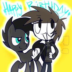 Size: 3000x3000 | Tagged: safe, artist:kruvvv, oc, oc only, oc:ars d, earth pony, human, pony, birthday, black mane, chat bubble, duo, earth pony oc, eye clipping through hair, gift art, gray coat, high res, leaning, leaning on pony, looking at someone, looking at something, male, open mouth, ponified, raised hoof, simple background, smiling, smirk, stallion, yellow background