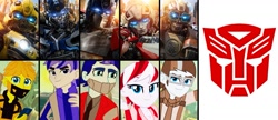 Size: 1625x699 | Tagged: safe, artist:robertsonskywa1, cybertronian, human, robot, equestria girls, g4, arcee, autobot, breasts, bumblebee (transformers), clothes, equestria girls-ified, face mask, female, gas mask, glasses, group, male, mask, mirage, optimus prime, photo, quintet, symbol, transformers, transformers rise of the beasts, wheeljack