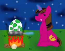 Size: 903x720 | Tagged: safe, artist:gameponygirl1, oc, oc only, oc:nastya, pony, unicorn, campfire, cooking, egg, egg (food), female, fire, food, levitation, magic, mare, sitting, solo, telekinesis, tongue out