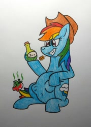 Size: 635x887 | Tagged: safe, artist:gameponygirl1, rainbow dash, pony, g4, apple, applejack's hat, cowboy hat, eaten alive, female, food, hat, implied applejack, mare, potion, simple background, sitting, solo, traditional art, vore, white background, wingless