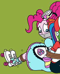 Size: 1216x1509 | Tagged: safe, artist:bugssonicx, edit, pinkie pie, human, equestria girls, g4, bondage, cropped, gag, green background, offscreen character, roller skates, scared, server pinkie pie, simple background, skates, solo focus, tape, tape gag, tied up, worried