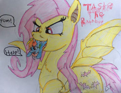 Size: 400x307 | Tagged: safe, artist:tenorjoane, fluttershy, rainbow dash, bat pony, pegasus, pony, g4, bat ponified, duo, female, flutterbat, mare, micro, race swap, simple background, traditional art, vore, white background