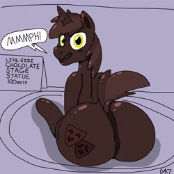 Size: 4096x4096 | Tagged: safe, artist:tenorjoane, oc, oc:stage manager, food pony, pony, unicorn, bondage, butt, chocolate, dock, encasement, food, large butt, looking at you, looking back, looking back at you, male, muffled words, plot, ponified, solo, stallion, tail