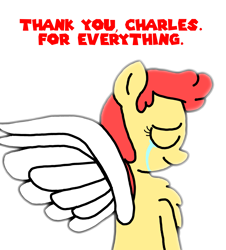 Size: 3023x3351 | Tagged: safe, artist:professorventurer, oc, oc:power star, pegasus, pony, bipedal, charles martinet, chest fluff, crying, eyes closed, female, high res, mare, pegasus oc, ponified, rule 85, simple background, smiling, solo, spread wings, super mario 64, super mario bros., tears of joy, text, tribute, white background, wings