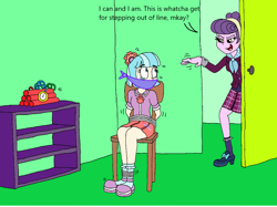 Size: 944x706 | Tagged: safe, artist:bugssonicx, edit, coco pommel, suri polomare, human, equestria girls, g4, bomb, bondage, cloth gag, danger, duo, gag, legs together, this will end in death, tied to chair, tied up, weapon