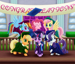 Size: 2500x2136 | Tagged: safe, artist:lifesharbinger, applejack, fluttershy, pinkie pie, rainbow dash, rarity, twilight sparkle, alicorn, earth pony, pegasus, pony, unicorn, g4, cap, clothes, congratulations, dress, female, graduation, graduation cap, group, hat, high res, mane six, mare, redraw, sextet, twilight sparkle (alicorn)