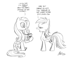 Size: 1500x1200 | Tagged: safe, artist:mellodillo, fluttershy, rainbow dash, earth pony, pegasus, pony, g4, black and white, book, dialogue, duo, female, grayscale, hoof hold, looking at each other, looking at someone, mare, monochrome, pencil drawing, rainbow dash is not amused, signature, simple background, sitting, sketch, talking, traditional art, unamused, white background
