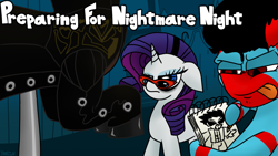 Size: 1920x1080 | Tagged: safe, artist:yamston, rarity, oc, oc:lance greenfield, pony, unicorn, zebra, fanfic:living the dream, g4, 2023, adam jensen, cover art, drawing, duo, fanfic art, female, glasses, heterochromia, male, mannequin, mare, narrowed eyes, red and black mane, red stripes, signature, stallion, tired, title card, tongue out, zebra oc