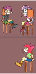 Size: 1325x2702 | Tagged: safe, artist:bugssonicx, edit, apple bloom, scootaloo, sweetie belle, human, equestria girls, g4, bondage, bound and gagged, cloth gag, comic, cutie mark crusaders, gag, kidnapped, tied to chair, tied up