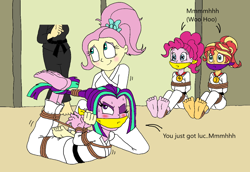 Size: 1190x820 | Tagged: safe, artist:bugssonicx, edit, aria blaze, fluttershy, pinkie pie, posey shy, sunset shimmer, human, equestria girls, g4, bondage, bound and gagged, cloth gag, cropped, gag, gi, hogtied, karate, muffled words, taekwondo, tied up