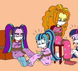 Size: 1361x1254 | Tagged: safe, artist:bugssonicx, edit, adagio dazzle, aria blaze, sonata dusk, twilight sparkle, human, equestria girls, g4, bondage, bound and gagged, cloth gag, clothes, cropped, footed sleeper, footie pajamas, gag, nightgown, onesie, orange background, over the nose gag, pajamas, simple background, sleepover, slumber party, socks, stocking feet, struggling, the dazzlings, tied to chair, tied up, twilight sparkle (alicorn)