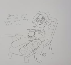 Size: 2048x1877 | Tagged: safe, artist:pony quarantine, oc, oc:dyx, alicorn, pony, beach chair, broken leg, cast, chair, coconut cup, dialogue, female, filly, foal, grayscale, monochrome, pencil drawing, sitting, solo, sunglasses, traditional art