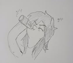 Size: 2048x1782 | Tagged: safe, artist:pony quarantine, oc, oc only, oc:anon-mare, earth pony, pony, drink, drinking, energy drink, eyebrows, eyebrows visible through hair, eyes closed, female, grayscale, hoof hold, magnetic hooves, mare, monochrome, monster energy, pencil drawing, solo, traditional art