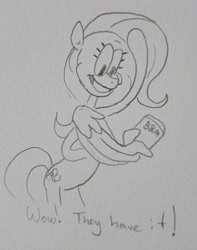 Size: 1611x2048 | Tagged: safe, artist:pony quarantine, fluttershy, pegasus, semi-anthro, g4, arm hooves, can, canned bread, female, grayscale, grin, mare, monochrome, pencil drawing, reference, smiling, solo, spongebob reference, spongebob squarepants, squidville, squidward tentacles, traditional art