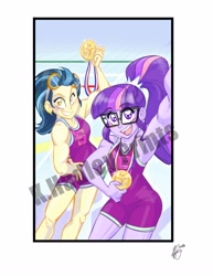 Size: 2550x3300 | Tagged: safe, artist:katrina hadley, indigo zap, sci-twi, twilight sparkle, human, equestria girls, g4, my little pony equestria girls: friendship games, alternate ending, clothes, commission, crystal prep shadowbolts, duo, duo female, female, glasses, goggles, gym, high res, indigo max, medal, muscles, muscular female, sci-twi muscle, selfie, shadowbolts, smiling, twilight muscle, unitard, watermark, weight lifting, weights, what if