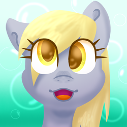 Size: 1300x1300 | Tagged: safe, artist:lindasaurie, derpibooru exclusive, derpy hooves, pegasus, pony, g4, :3, bubble, bust, eye clipping through hair, female, mare, one ear down, open mouth, portrait, smiling, solo