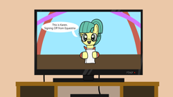 Size: 1920x1080 | Tagged: safe, artist:platinumdrop, karen (g4.5), pony, g4, g4.5, my little pony: pony life, clothes, g4.5 to g4, generation leap, karen, looking at you, paper, request, solo, speech, speech bubble, talking, television