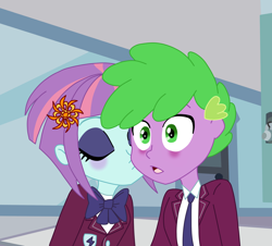 Size: 1514x1369 | Tagged: safe, spike, sunny flare, human, equestria girls, g4, blushing, cheek kiss, clothes, crystal prep academy uniform, duo, female, human spike, humanized, kissing, male, school uniform, ship:spikeflare, straight
