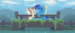 Size: 1000x438 | Tagged: safe, artist:m i f e s, oc, oc:dima, oc:helmie, pegasus, pony, boop, bridge, duo, female, male, minecraft, noseboop, pixel art, shipping, spread wings, straight, wings