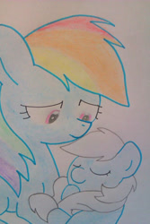 Size: 414x621 | Tagged: safe, artist:lawleyj77, rainbow dash, oc, oc:cumulus, pony, fanfic:instant mom, g4, adopted, adopted offspring, adoption, baby, baby pony, female, filly, foal, mare, momma dash, mother and child, mother and daughter, parent:rainbow dash, traditional art
