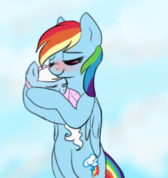 Size: 396x422 | Tagged: safe, artist:p0n1es, rainbow dash, oc, oc:cumulus, pegasus, pony, fanfic:instant mom, g4, adopted, adopted offspring, adoption, baby, baby pony, bipedal, blushing, carrying, female, filly, foal, mare, momma dash, parent:rainbow dash
