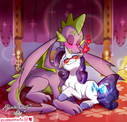 Size: 3120x3000 | Tagged: safe, artist:corazonarts, rarity, spike, dragon, pony, unicorn, fanfic:like fine wine, g4, bed, blushing, crying, eyes closed, eyeshadow, female, floating heart, gem, glasses, heart, high res, love, makeup, male, older, older spike, romantic, ship:sparity, shipping, straight, winged spike, wings