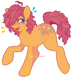 Size: 1434x1533 | Tagged: safe, artist:beetlepaws, sparkleworks, earth pony, pony, g3, alternate hairstyle, blue eyes, curly hair, curly mane, curly tail, food, freckles, hoof heart, multicolored freckles, open mouth, orange, pink hair, pink mane, pink tail, raised hoof, simple background, smiling, solo, tail, transparent background, underhoof