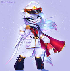 Size: 2800x2840 | Tagged: safe, artist:opal_radiance, oc, oc:opal rosamond, pegasus, pony, blue, clothes, high res, military, pose, red, solar, solar empire, solo, staff, uniform, white
