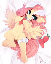 Size: 4000x5000 | Tagged: safe, alternate version, artist:xsatanielx, fluttershy, pegasus, pony, g4, absurd resolution, adorasexy, belly button, bow, bunny ears, carrot, choker, chokershy, cute, female, floppy ears, food, frog (hoof), herbivore, lying down, mare, on back, patreon, patreon logo, sexy, shyabetes, solo, spread wings, stupid sexy fluttershy, underhoof, wings