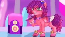 Size: 1920x1080 | Tagged: safe, artist:jbond, ruby jubilee, pegasus, pony, bridlewoodstock (make your mark), g5, my little pony: make your mark, my little pony: make your mark chapter 4, spoiler:g5, bracelet, bridlewoodstock, female, flower, flower in hair, jewelry, mare, microphone, scene, singing, smiling, smirk, solo, wings