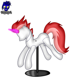 Size: 3840x4154 | Tagged: safe, artist:damlanil, oc, oc:swift apex, pegasus, pony, bondage, clothes, collar, commission, crystal horn, encasement, fake horn, horn, inanimate tf, latex, magic, magic aura, male, mannequin, mannequin tf, no mouth, objectification, pedestal, petrification, ponyquin, rubber, shiny, show accurate, simple background, solo, stallion, transformation, transparent background, vector, wings