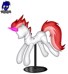 Size: 3840x4154 | Tagged: safe, artist:damlanil, oc, oc:swift apex, pegasus, pony, bondage, clothes, collar, commission, crystal horn, encasement, fake horn, horn, inanimate tf, latex, magic, magic aura, male, mannequin, mannequin transformation, no mouth, objectification, pedestal, petrification, ponyquin, rubber, shiny, show accurate, simple background, solo, stallion, transformation, transparent background, vector, wings