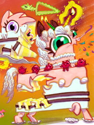 Size: 3000x4000 | Tagged: safe, artist:ja0822ck, pinkie pie, earth pony, food pony, pegasus, pony, unicorn, g4, birthday, cake, cherry, everything is cake, food, plate, ponified, wat