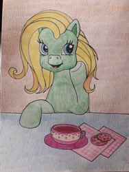 Size: 1620x2160 | Tagged: safe, artist:lilacdash, oc, oc only, earth pony, pony, g3, cookie, cup, female, food, mare, solo, teacup, traditional art