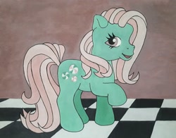 Size: 2560x2006 | Tagged: safe, artist:lilacdash, minty, earth pony, pony, g3, checkered floor, female, high res, mare, raised hoof, solo, traditional art