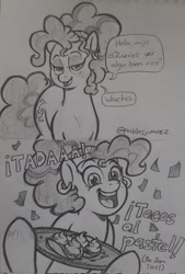 Size: 1388x2048 | Tagged: safe, artist:pablosjuarez, pinkie pie, earth pony, pony, g4, alternate hairstyle, equus-477, female, food, latina pinkie pie, mare, plate, solo, spanish, taco, text, traditional art