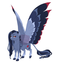 Size: 4100x4400 | Tagged: safe, artist:gigason, oc, oc only, oc:weeping rose, pegasus, pony, closed mouth, colored hooves, colored wings, eyeshadow, female, gradient legs, hoof polish, large wings, leonine tail, lidded eyes, magical gay spawn, makeup, mare, multicolored wings, obtrusive watermark, offspring, parent:flash sentry, parent:king sombra, raised hoof, red eyes, simple background, smiling, solo, spread wings, standing, tail, transparent background, watermark, wings