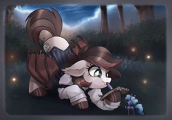 Size: 2000x1400 | Tagged: source needed, safe, artist:suniscathorsis, oc, oc only, oc:news flash, bat pony, breezie, firefly (insect), insect, pony, clothes, crying, duo, fangs, female, forest, mare, mouth hold, necktie, notepad, outfit, pencil, size difference, spread wings, vest, wings