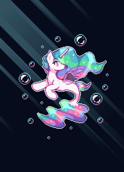 Size: 1602x2214 | Tagged: safe, artist:mariothepixelarter, princess celestia, alicorn, seapony (g4), g4, bubble, crepuscular rays, digital art, dorsal fin, ethereal mane, ethereal tail, eyelashes, female, fin, fin wings, fins, fish tail, flowing mane, flowing tail, mare, ocean, pink eyes, pixel art, seaponified, seapony celestia, solo, sparkles, species swap, starry mane, starry tail, sunlight, swimming, tail, underwater, water, wings