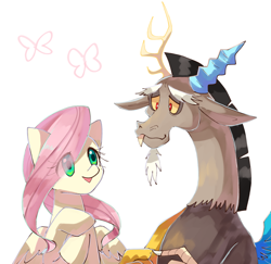 Size: 2120x2060 | Tagged: safe, artist:plusplus_pony, discord, fluttershy, butterfly, draconequus, pegasus, pony, g4, antlers, female, fingers together, hair over one eye, high res, horn, looking at each other, looking at someone, loving gaze, male, ship:discoshy, shipping, straight