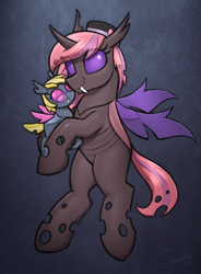 Size: 2923x3976 | Tagged: safe, artist:selenophile, oc, oc only, oc:cloud cuddler, oc:sweet haze, changeling, female, femboy, glasses, hat, high res, hug, male, pink changeling, plushie, simple background, smiling