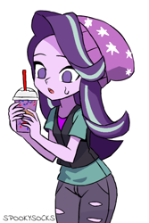 Size: 512x768 | Tagged: safe, artist:spookysocks, derpibooru exclusive, starlight glimmer, human, equestria girls, g4, curious, grimace shake, mcdonald's, meme, nervous sweat, simple background, solo, sweat, sweatdrop, white background