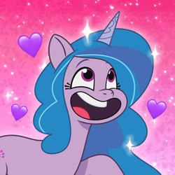 Size: 1080x1080 | Tagged: safe, izzy moonbow, pony, unicorn, g5, my little pony: tell your tale, official, abstract background, cute, emoji, eyebrows, female, happy, heart, izzybetes, mare, open mouth, open smile, pink background, profile picture, raised eyebrow, raised eyebrows, raised hoof, smiling, solo, sparkles