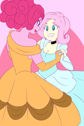 Size: 2500x3750 | Tagged: safe, artist:qsky, fluttershy, pinkie pie, human, equestria girls, g4, bare shoulders, belle, breasts, cinderella, cleavage, clothes, dancing, dress, duo, female, flutterbeautiful, gown, grin, high res, holding hands, lesbian, looking at each other, looking at someone, princess costume, ship:flutterpie, shipping, smiling, smiling at each other