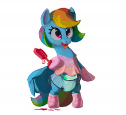 Size: 2086x1899 | Tagged: safe, artist:asdfasfasda, rainbow dash, pegasus, pony, g4, adult foal, bipedal, clothes, diaper, diaper fetish, diaper under clothes, female, fetish, food, happy, hot pants, mare, messy eating, non-baby in diaper, popsicle, shirt, simple background, smiling, socks, solo, white background, wings